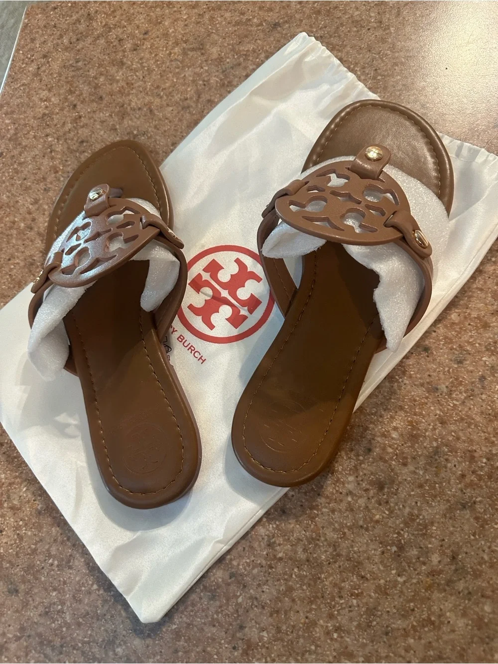 Women's Brown Logo Cutout Slide Sandals - Leather Slip-On